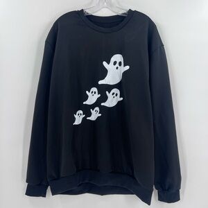 black crewneck sweatshirt with a white ghost graphic print Halloween XL